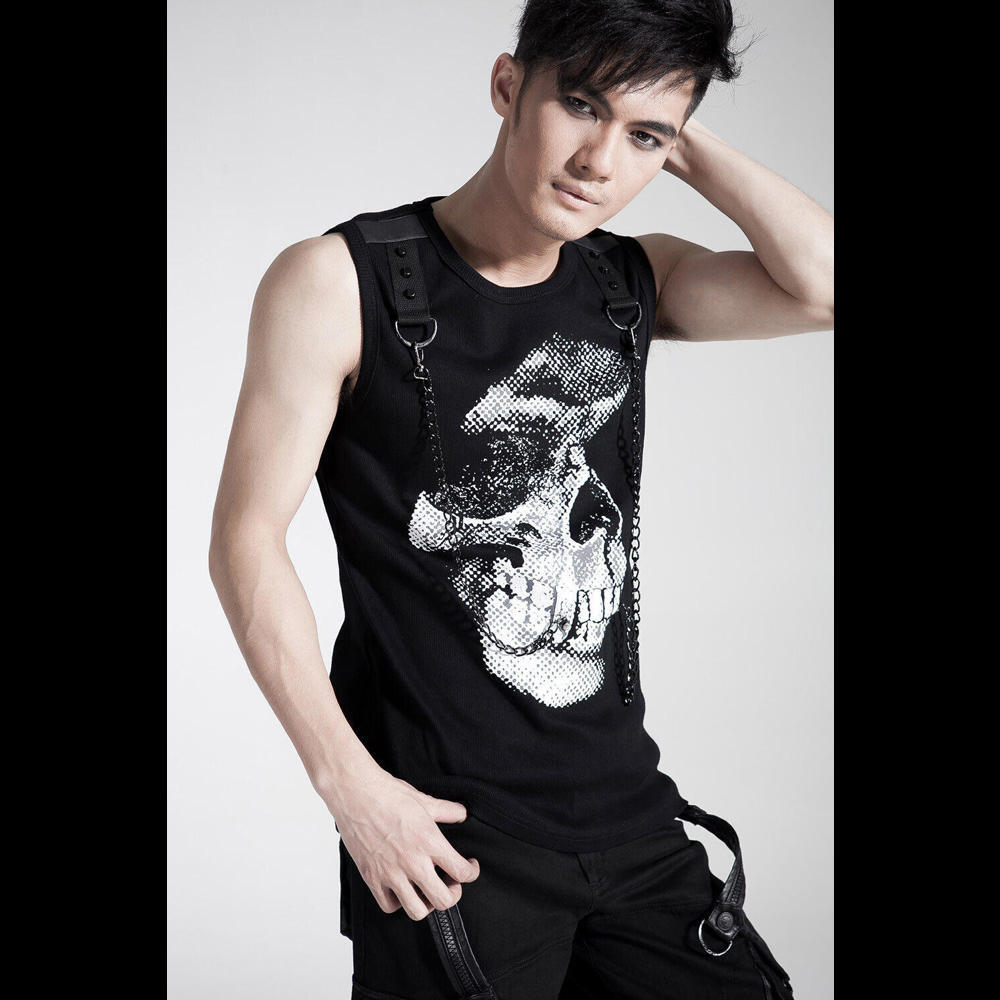 Punk Rave Men's Black Gothic‎ Skull Print Sleeveless Tee With Chain